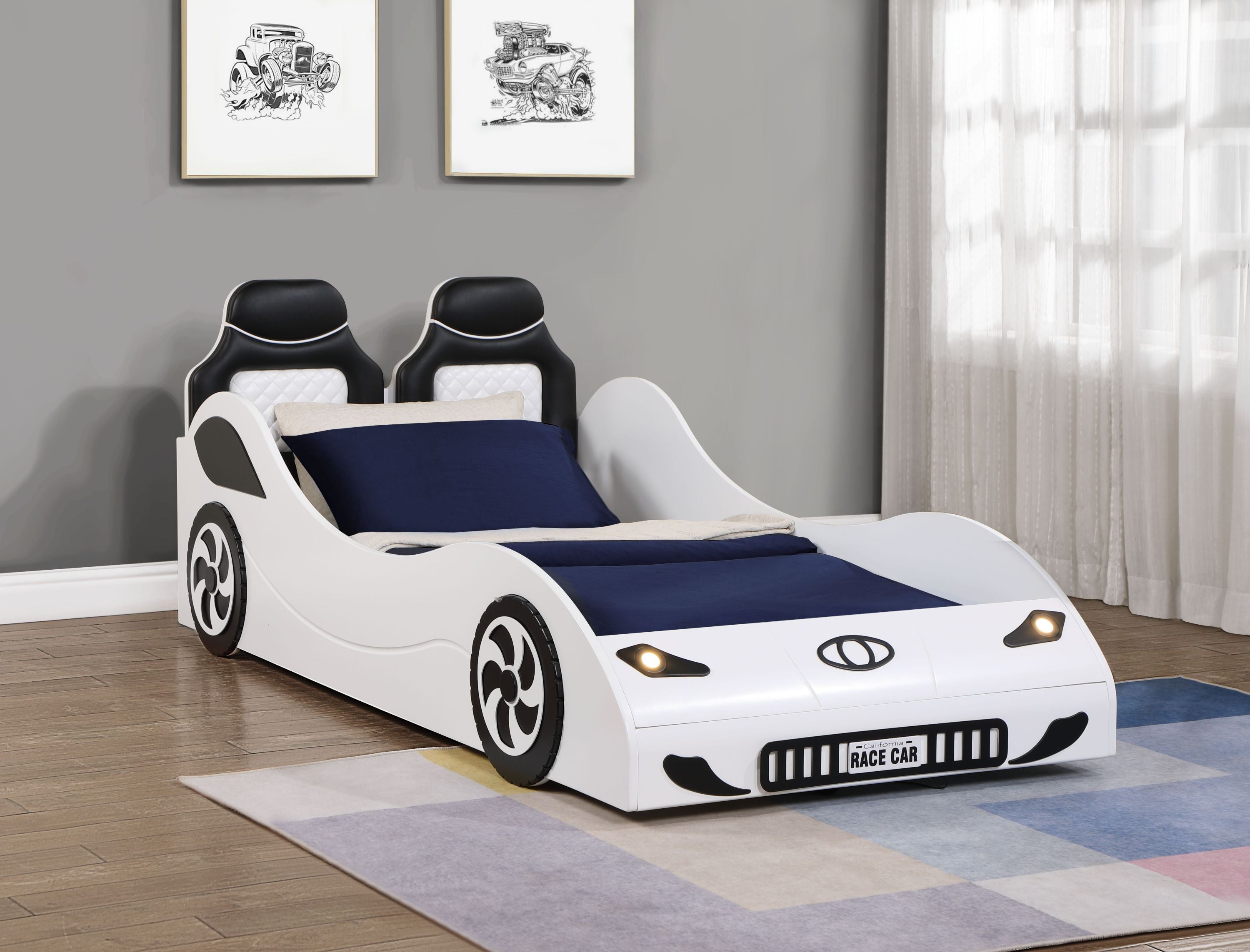 Colen White Finish Twin Car Bed with LED - Kids Race Car Bedroom Furniture