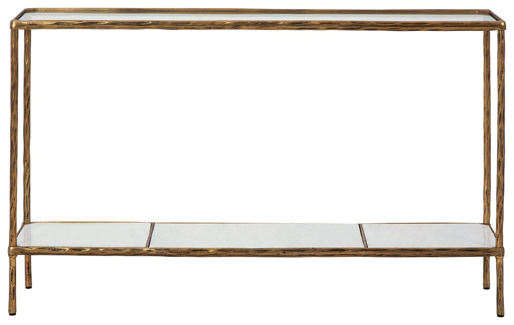 Antique brass console sofa table with rectangular top and two open shelves