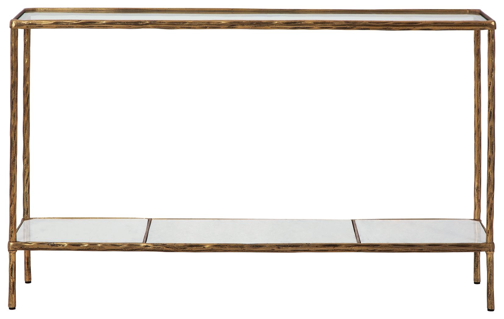 Antique brass console sofa table with rectangular top and two open shelves