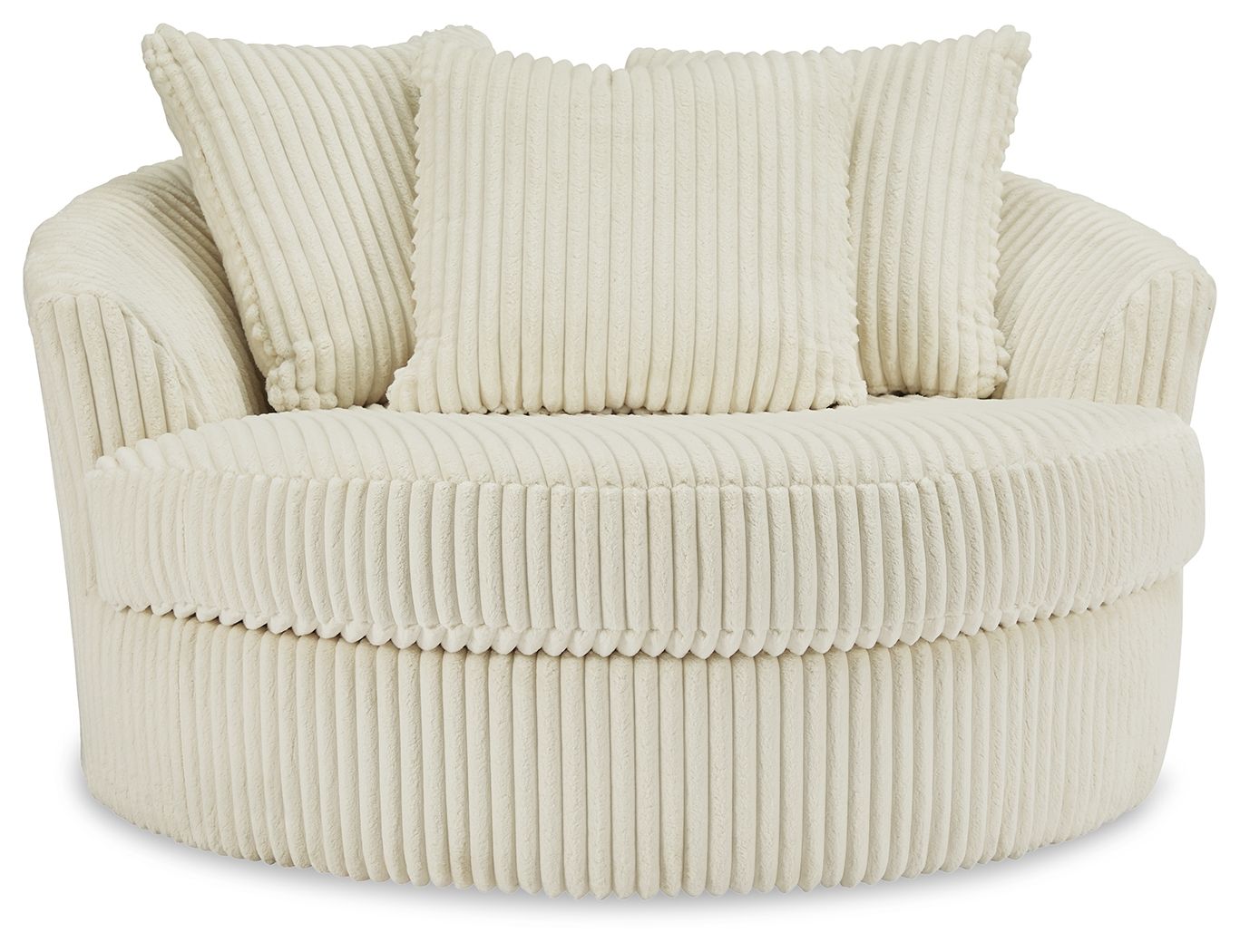 Beige oversized swivel accent chair with ribbed fabric and three seat-back pillows