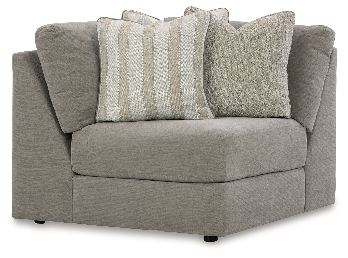 Gray upholstered wedge sectional sofa with rolled arms and two throw pillows