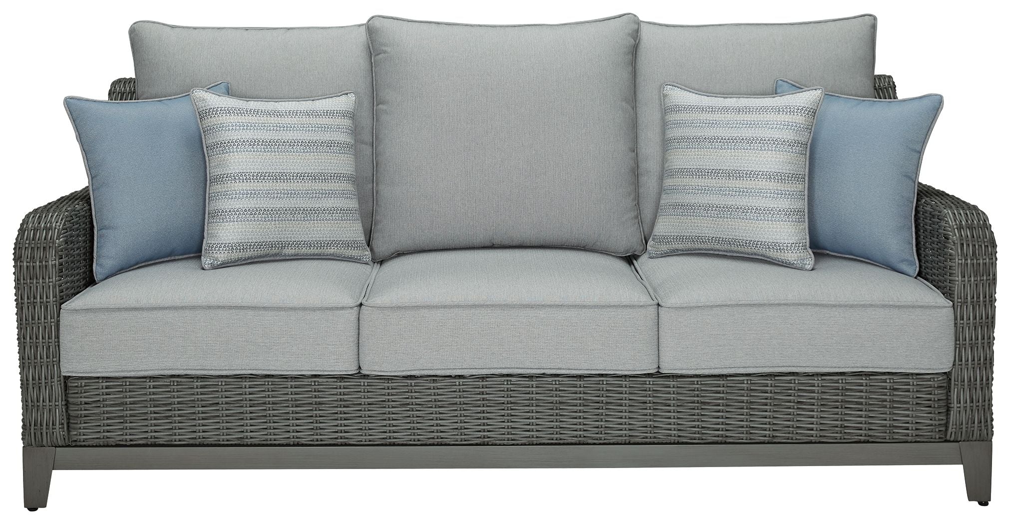 Gray woven outdoor sofa with three seat cushions and blue throw pillows