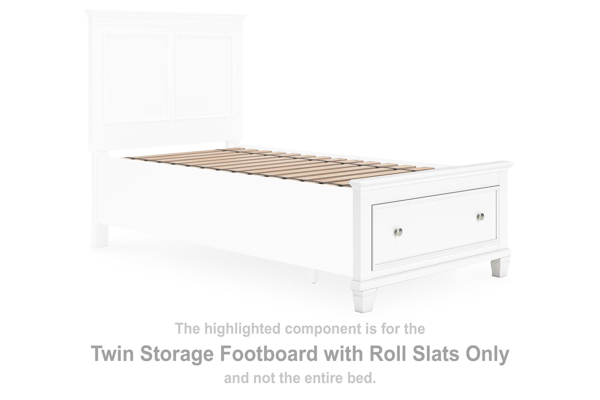 White twin storage footboard with roll slats and front drawer