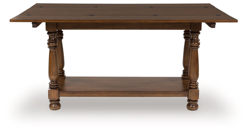 Brown flip-top sofa table with lower shelf and turned legs, open hinged top