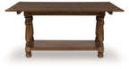 Brown flip-top sofa table with lower shelf and turned legs, open hinged top