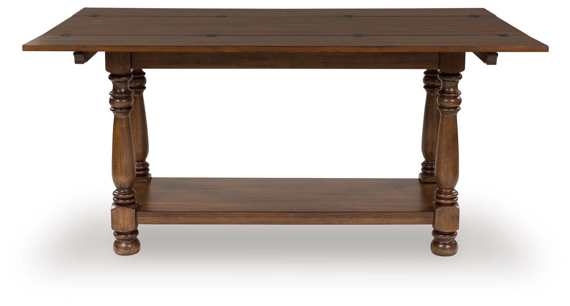 Brown flip-top sofa table with lower shelf and turned legs, open hinged top