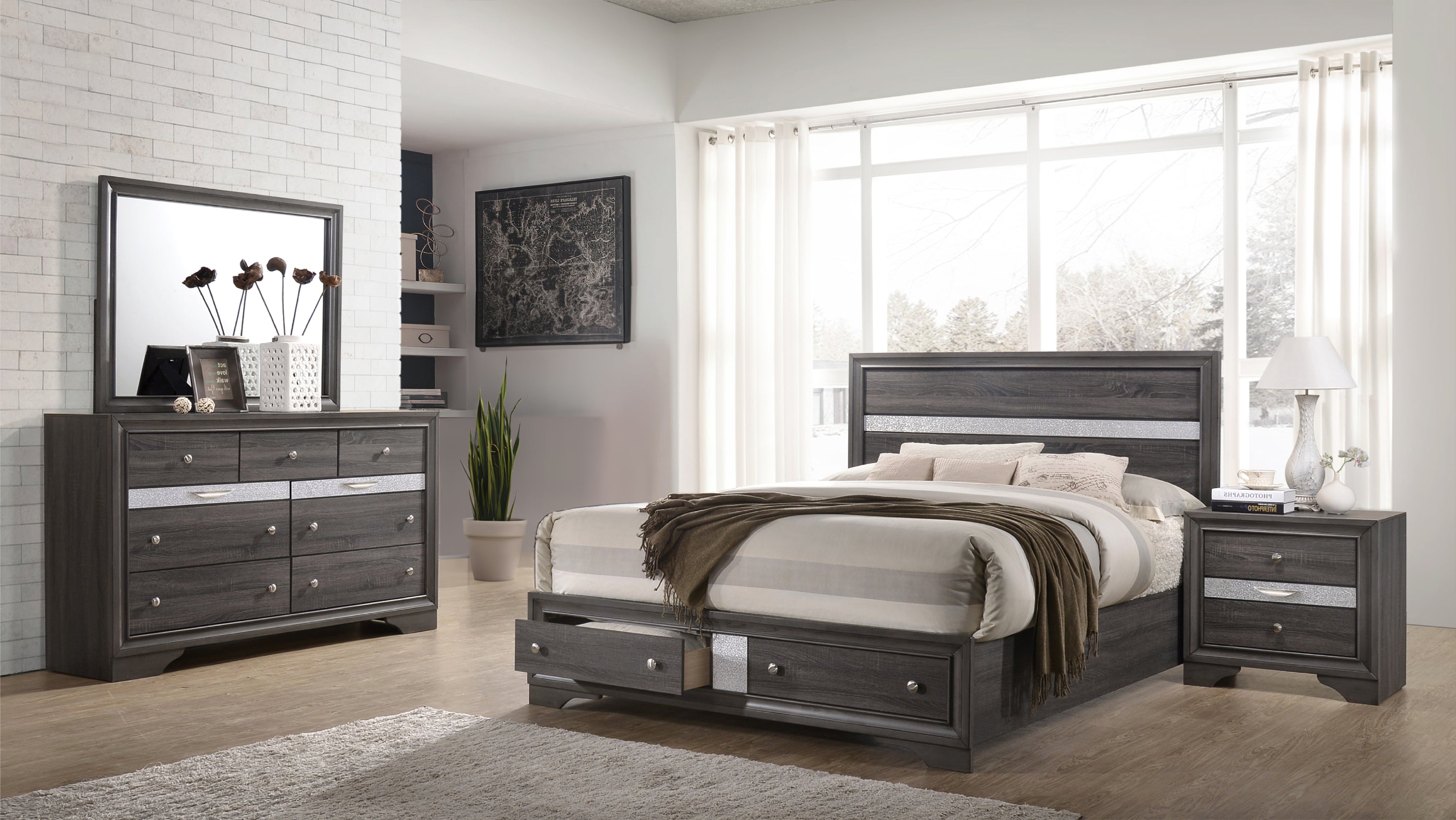 Traditional Gray Wood Full 4-Piece Storage Bedroom Set