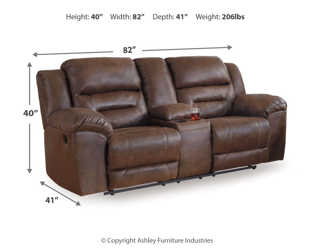 Reclining loveseat in dark brown leather with tufted arm pads and center console