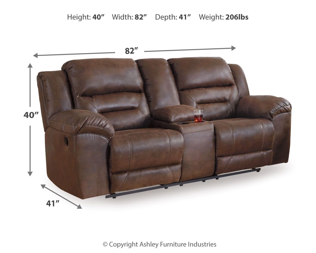 Reclining loveseat in dark brown leather with tufted arm pads and center console