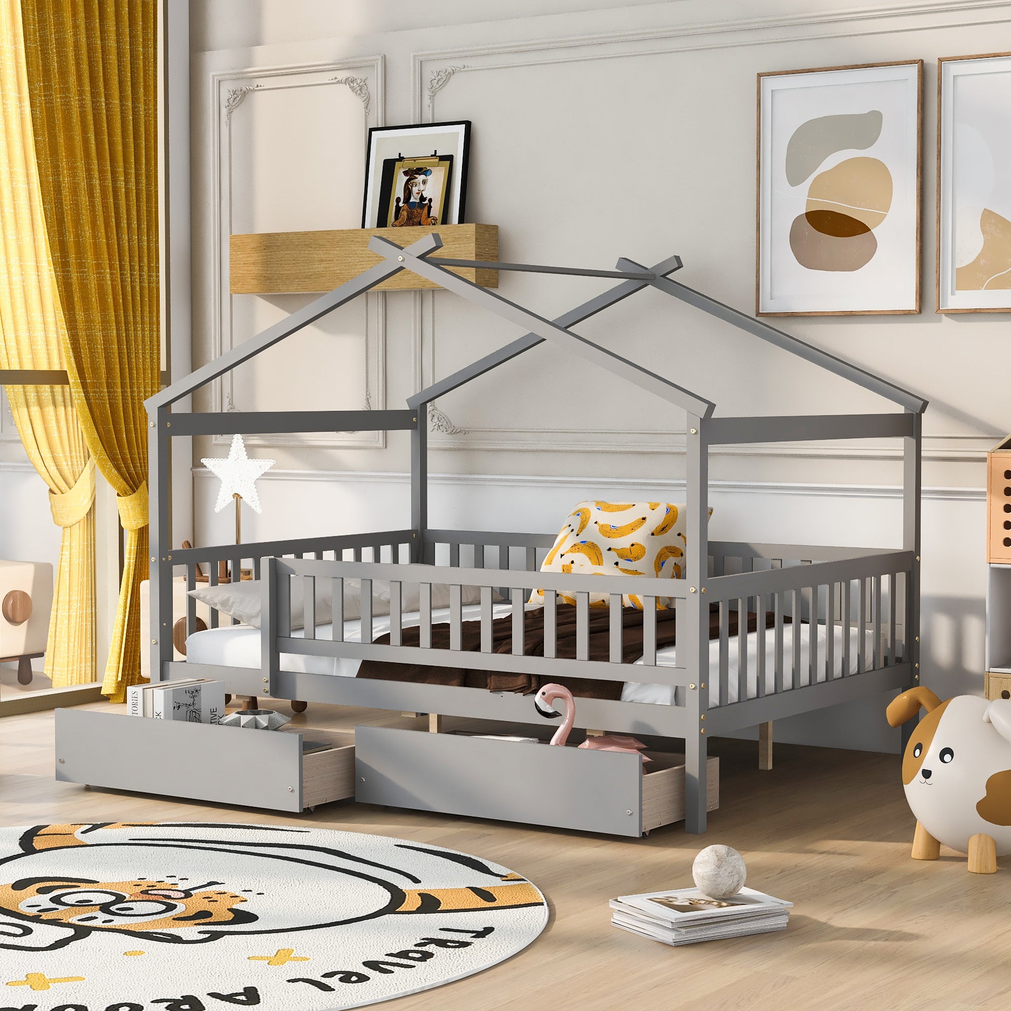 Full Size Gray Wooden House Bed with Two Drawers Kids Toddler
