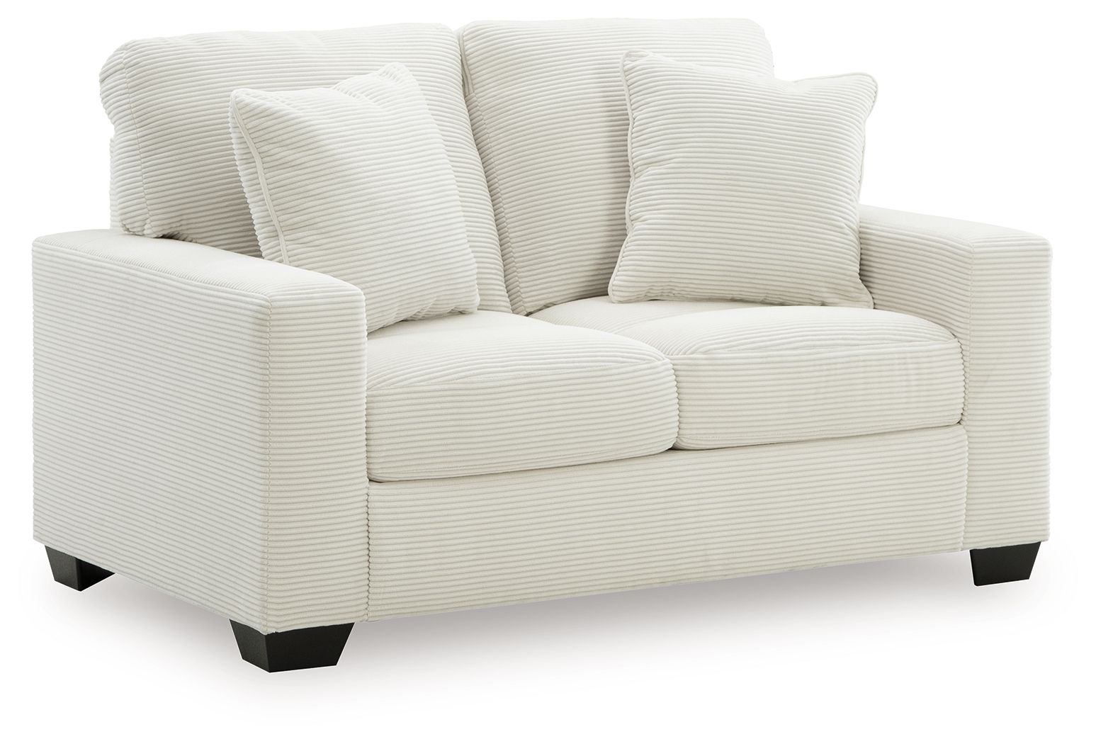 Upholstered loveseat with deep seat and three striped throw pillows, light upholstery