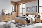 Storage bedroom set with bed, dresser, mirror, and two nightstands