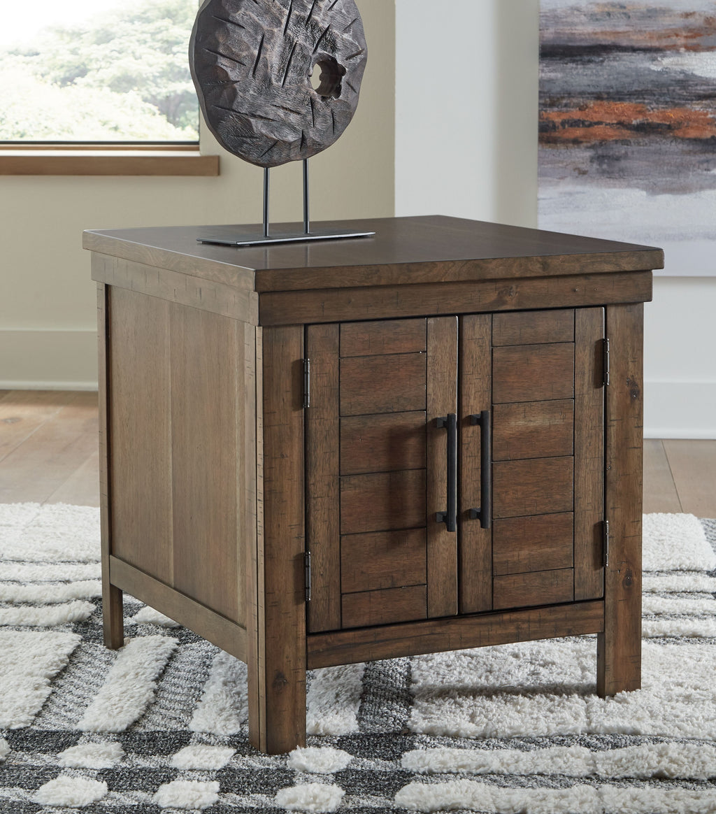 Rectangular end table with grayish-brown cabinet doors and black handles
