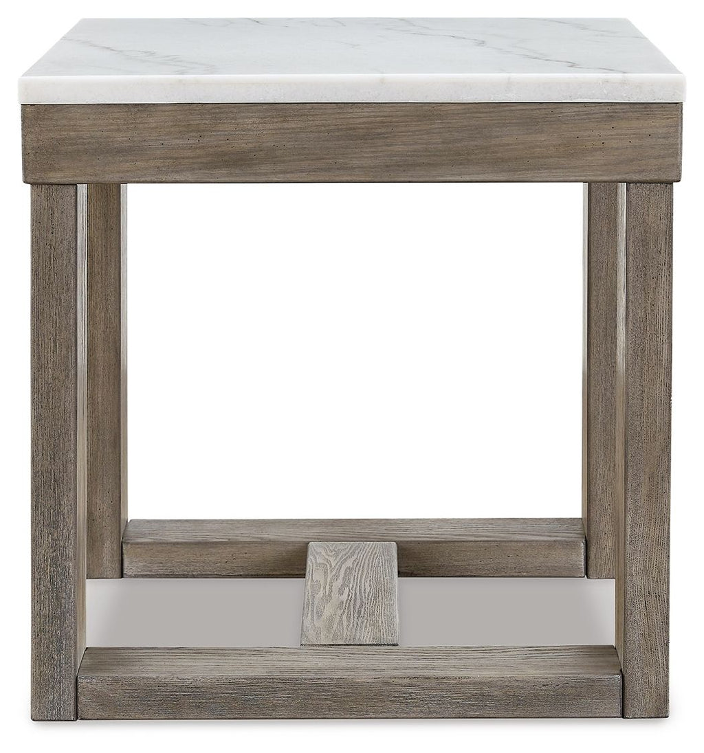 Square end table with white marble-look top and open shelf below in brown wood