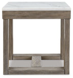 Square end table with white marble-look top and open shelf below in brown wood