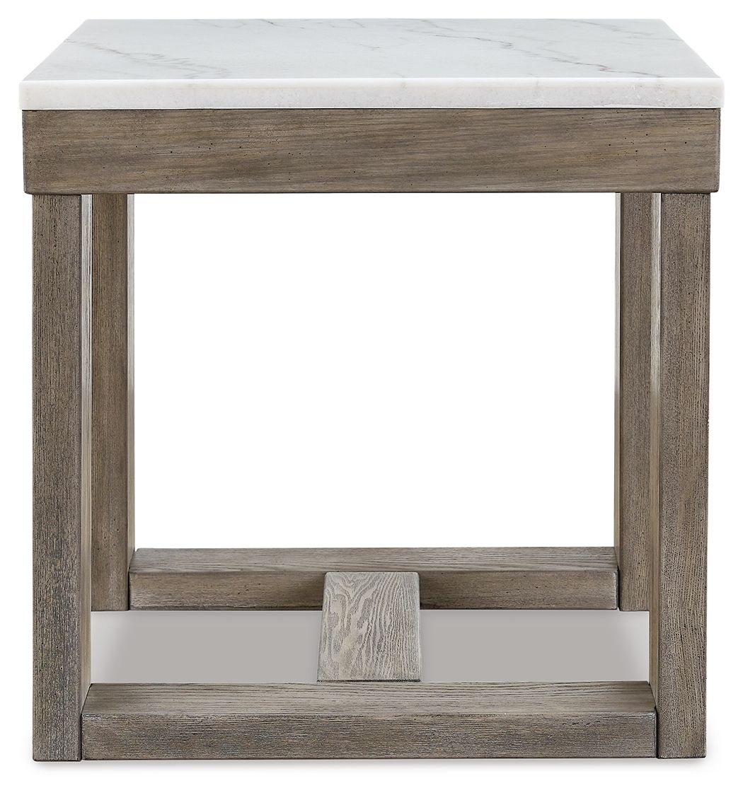 Square end table with white marble-look top and open shelf below in brown wood