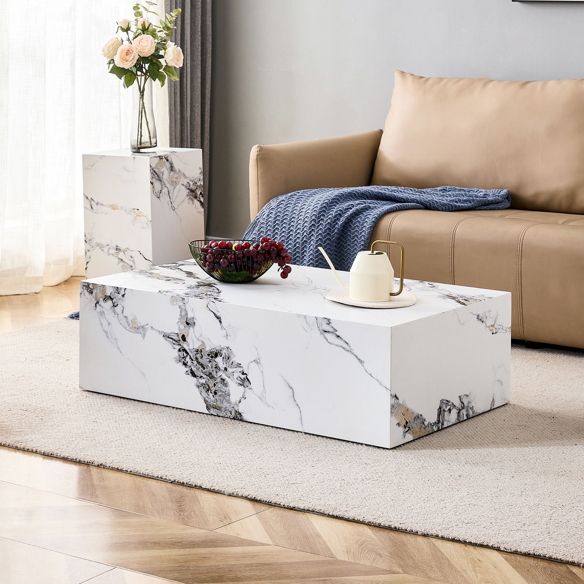 Modern MDF Coffee Table With Marble Pattern - 39.37X23.62X11.81 Inches - Stylish And Durable Design