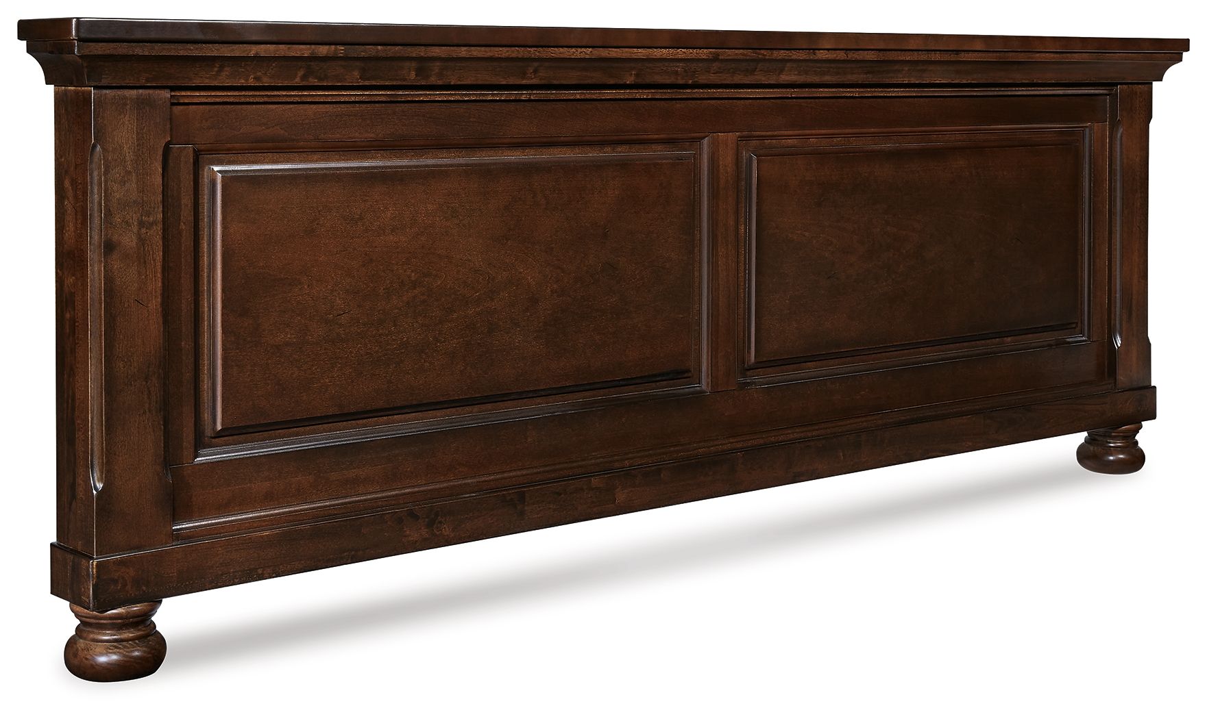 Rustic brown king/Cal King panel footboard with two raised panels and curved feet