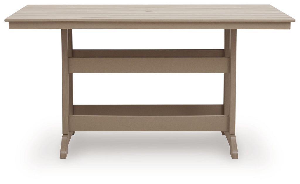 Rectangular counter-height dining table, medium brown wood, open under-shelf design.
