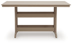 Rectangular counter-height dining table, medium brown wood, open under-shelf design.