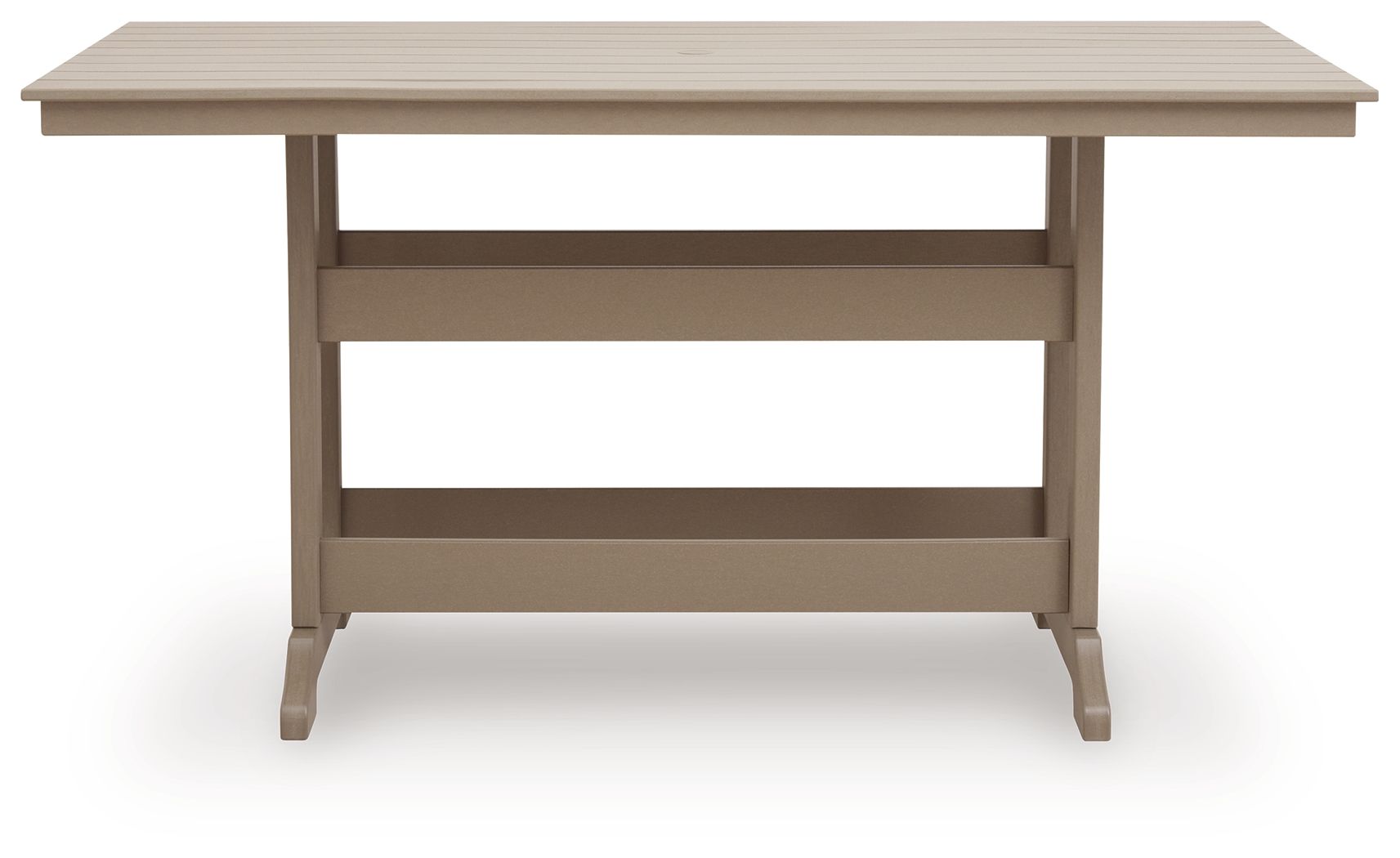 Rectangular counter-height dining table, medium brown wood, open under-shelf design.