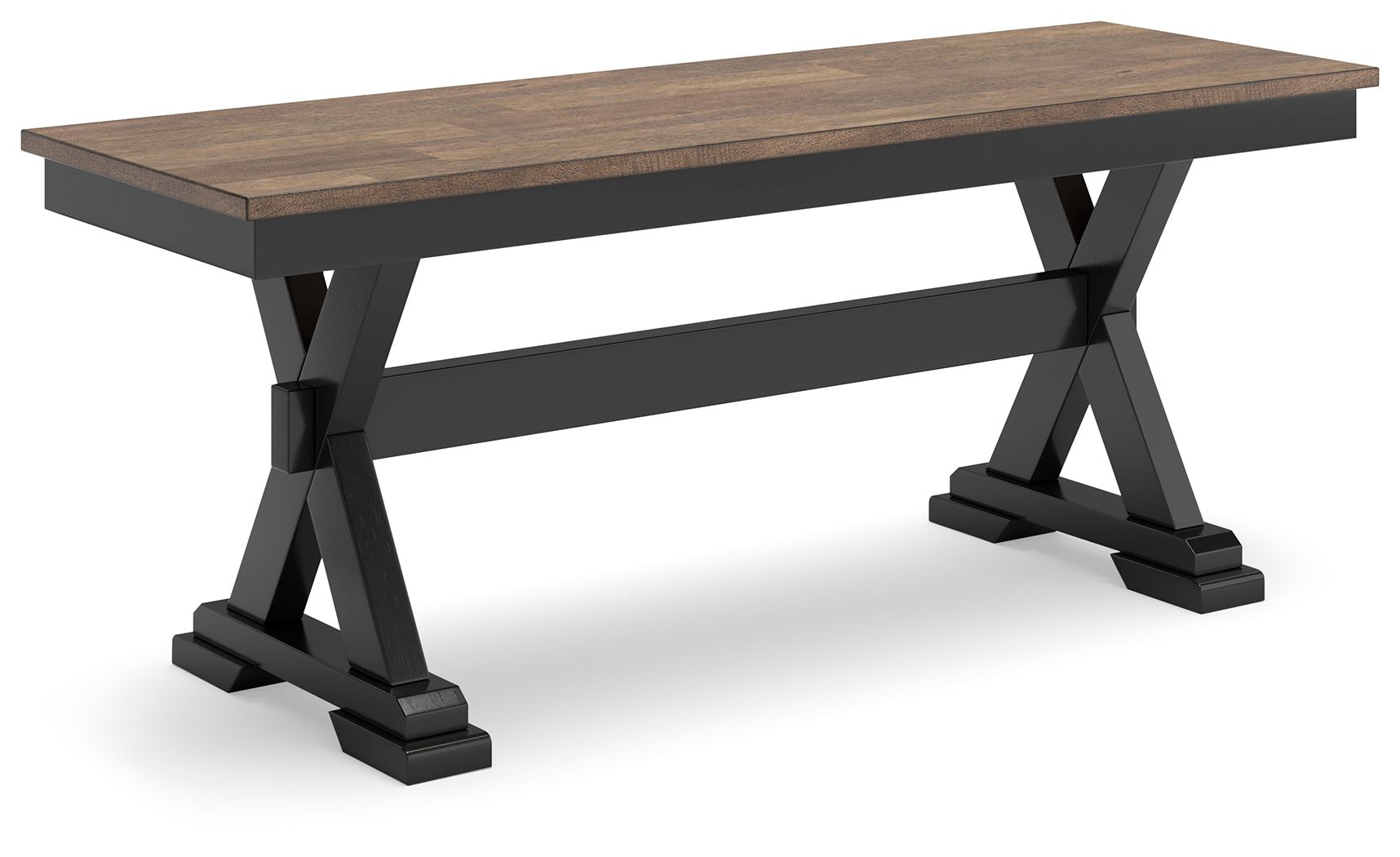Dark brown dining bench with black X base and slatted underframe.