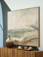 Vallus framed wall art with blush, green, and gray soft cloudlike sky