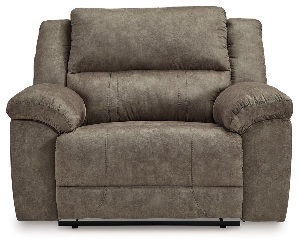 Fossil gray wide seat recliner with tufted center panel and rounded arm cushions