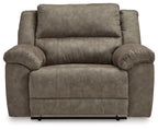 Fossil gray wide seat recliner with tufted center panel and rounded arm cushions