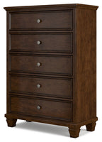 Brown five-drawer chest, angled side view with round metal knobs and dark wood finish