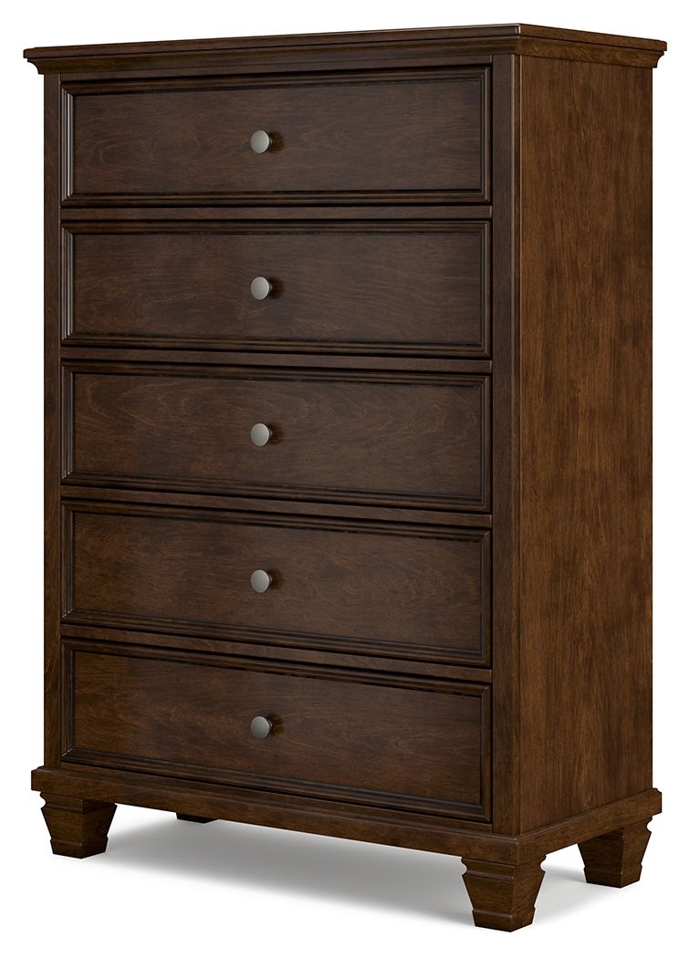 Brown five-drawer chest, angled side view with round metal knobs and dark wood finish