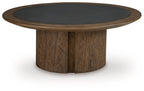 Dontayne round table with dark top and dark brown cylindrical pedestal base.