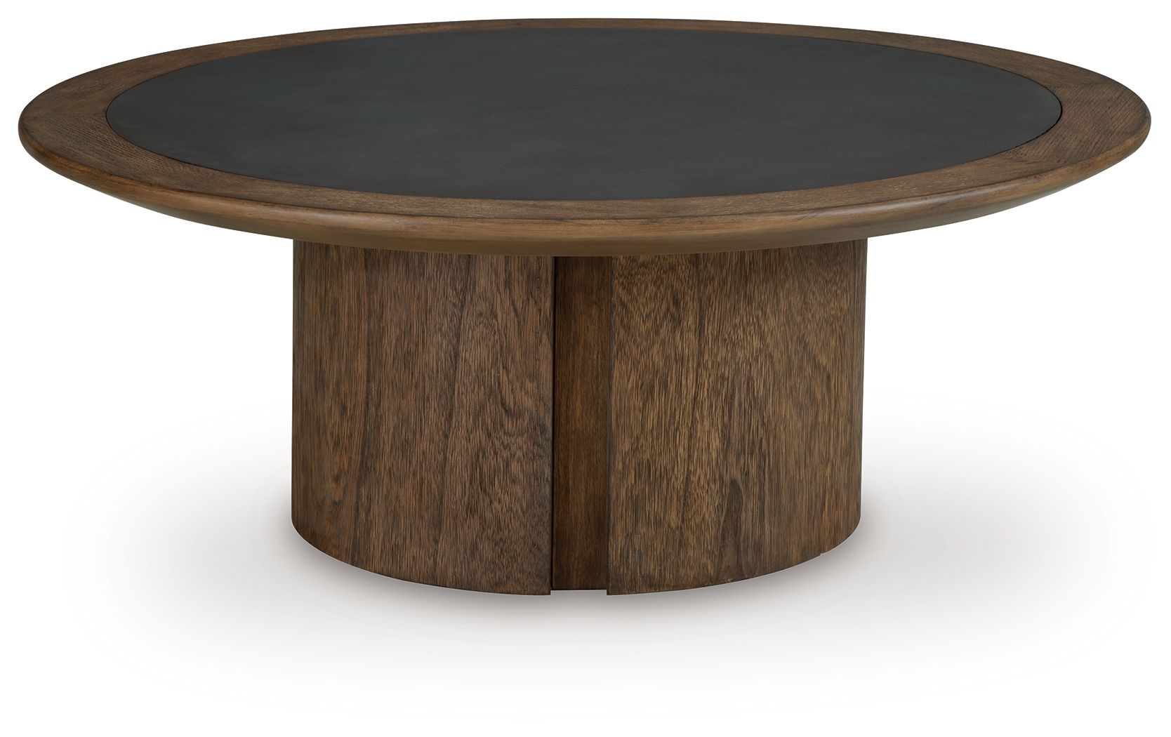 Dontayne round table with dark top and dark brown cylindrical pedestal base.