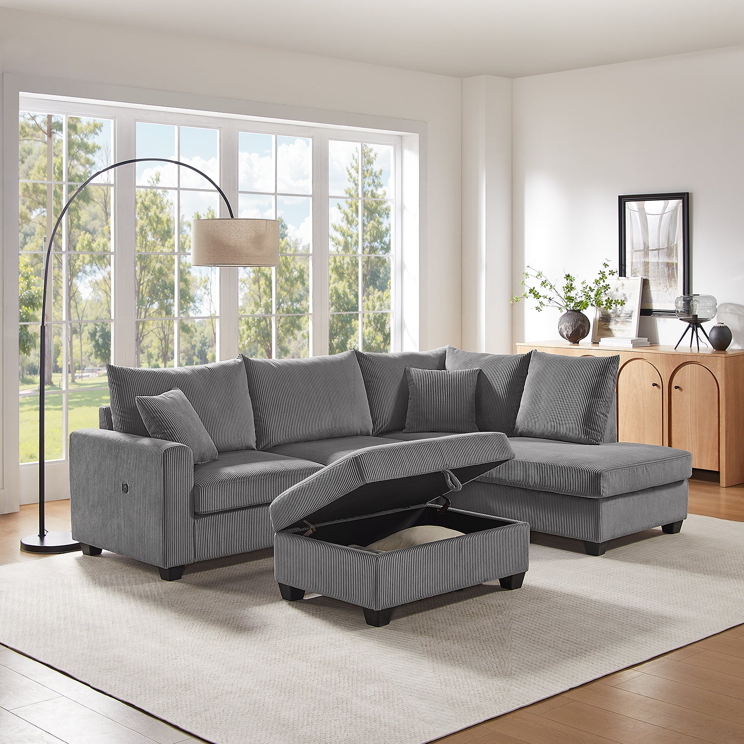 Rowan Dark Gray Corduroy Sectional Sofa w/ Chaise, USB, Ottoman