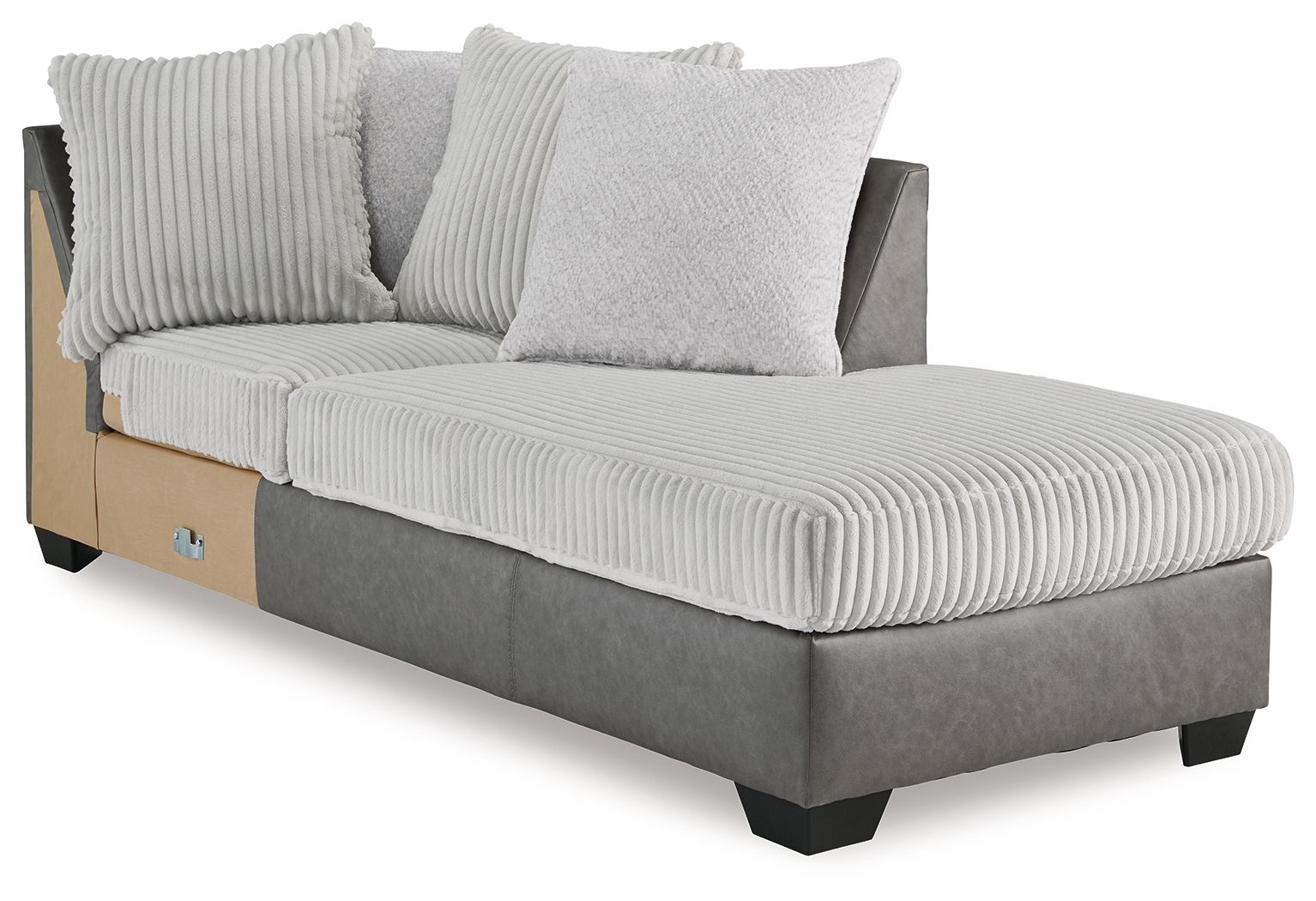 Corner chaise lounge with ribbed light gray fabric seat, two pillows, dark base