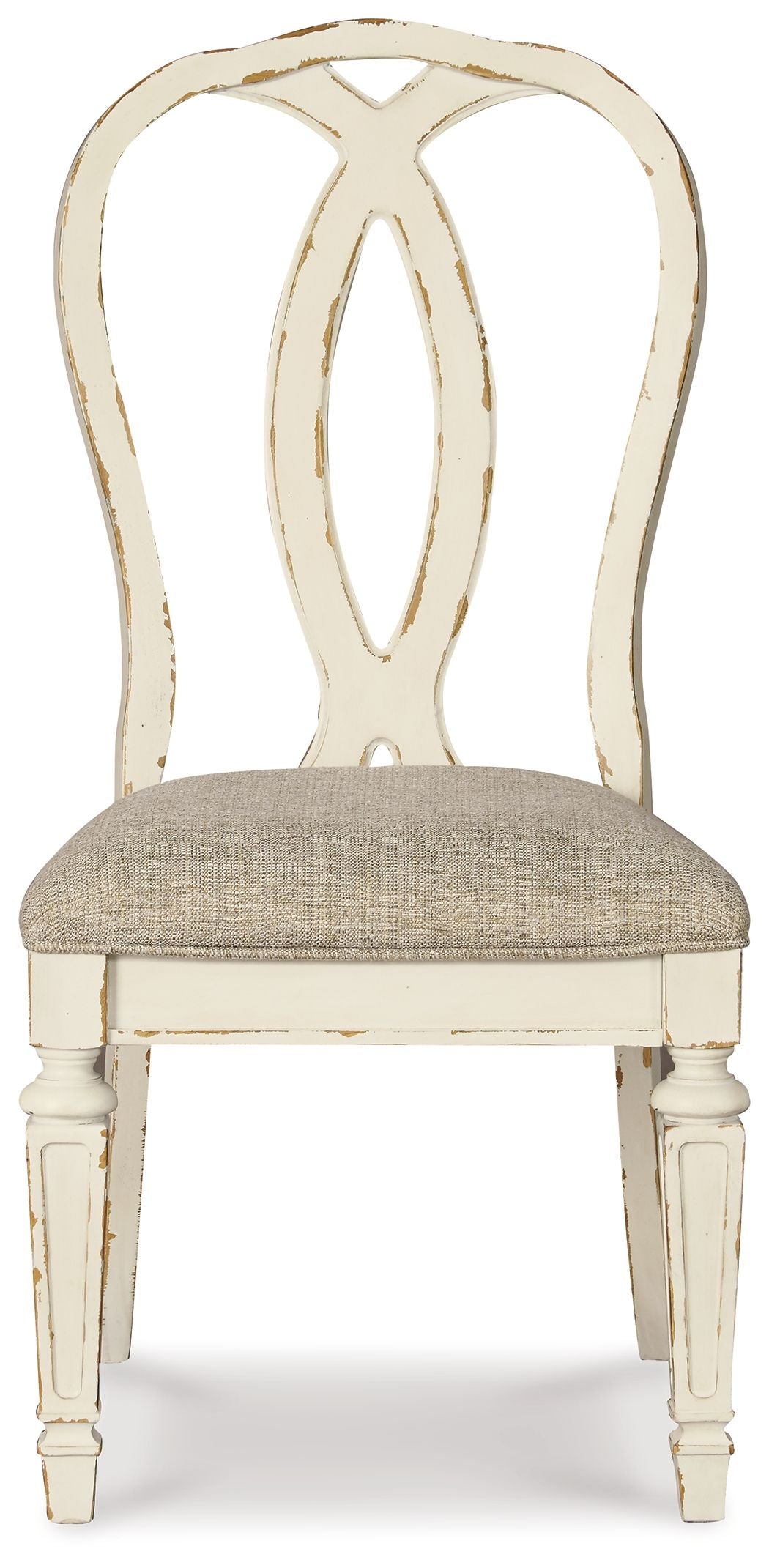 Upholstered dining side chair with ribbon back and beige seat, white distressed legs