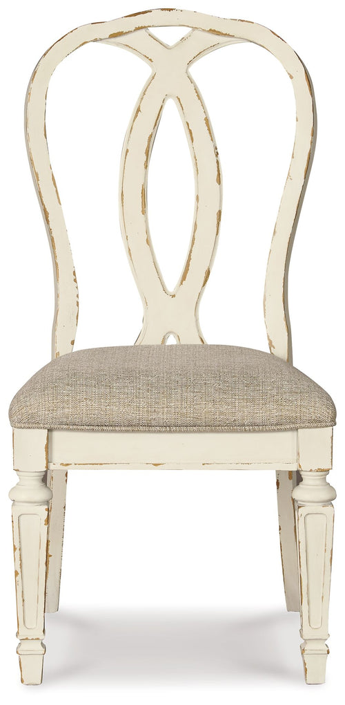 Upholstered dining side chair with ribbon back and beige seat, white distressed legs