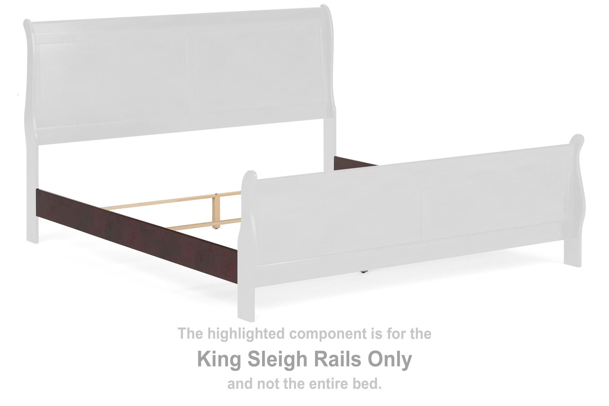 King sleigh bed rails in reddish brown with white upholstered side panel