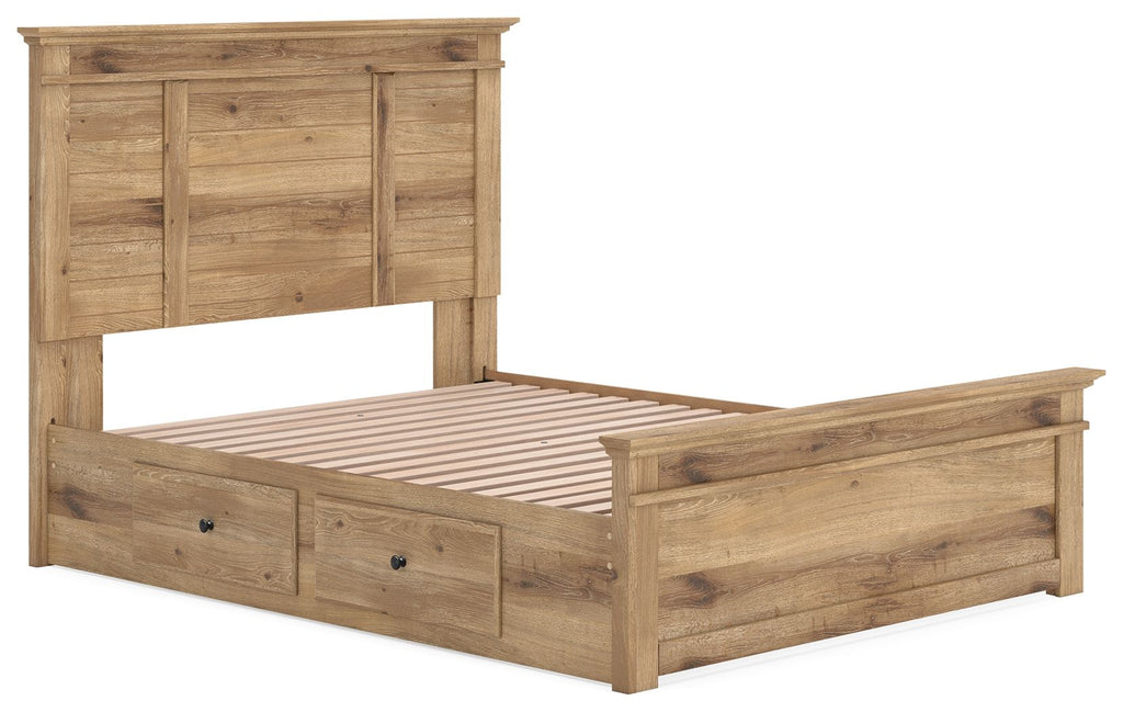 Light brown panel storage bed with paneled headboard, slatted base, and two front drawers