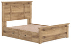 Light brown panel storage bed with paneled headboard, slatted base, and two front drawers
