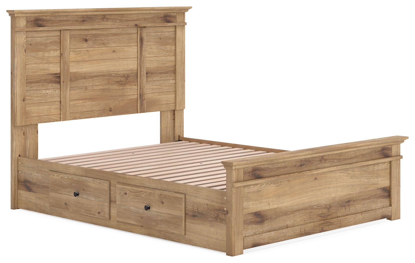 Light brown panel storage bed with paneled headboard, slatted base, and two front drawers
