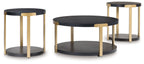 Round black occasional table set with brass-finish legs, three nesting tables