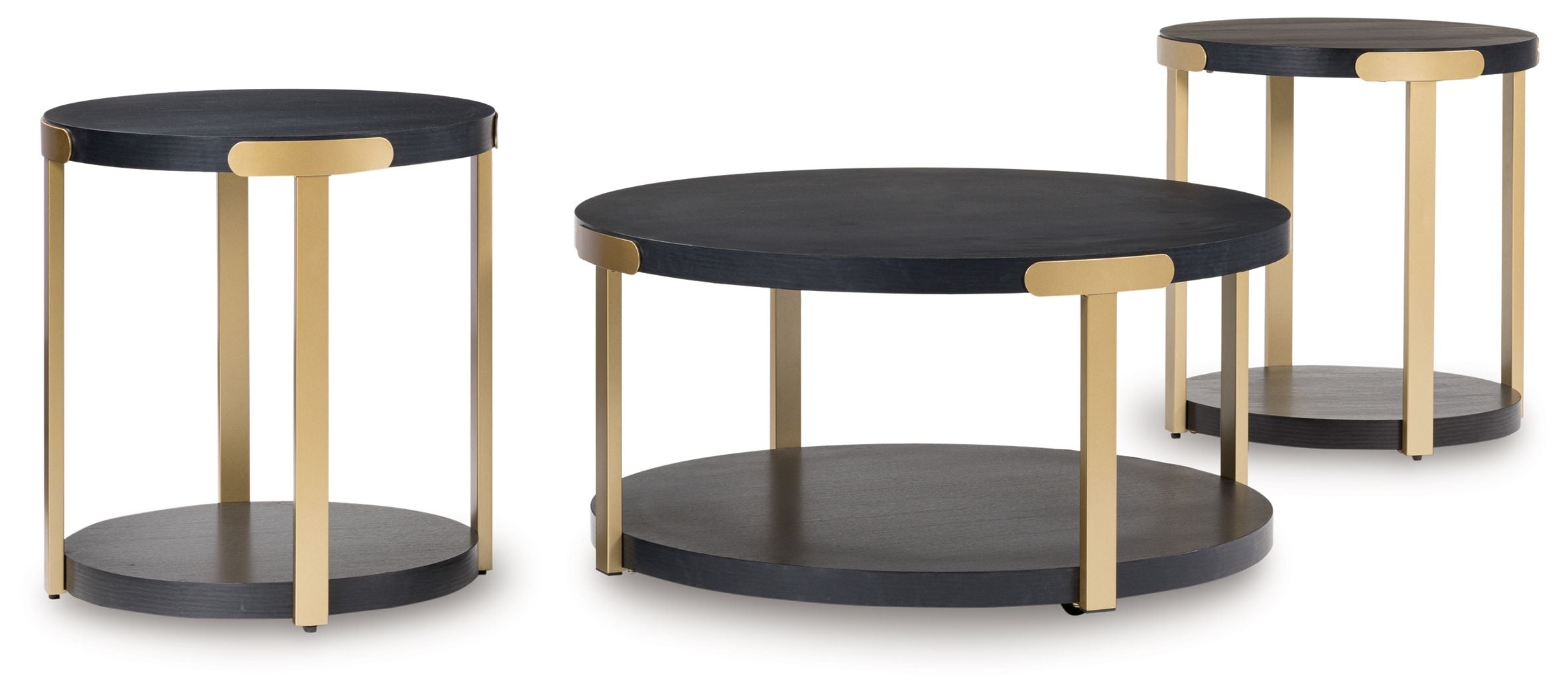 Round black occasional table set with brass-finish legs, three nesting tables