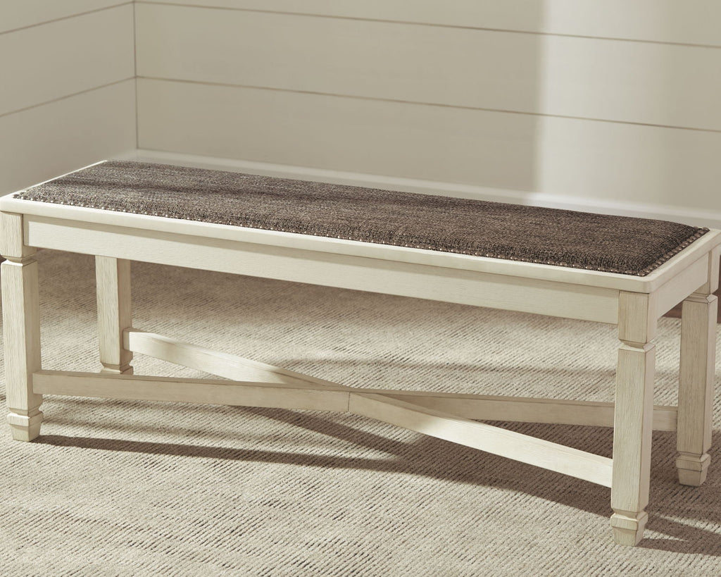 Bolanburg large upholstered dining bench with dark brown fabric seat and beige frame