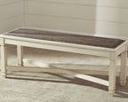 Bolanburg large upholstered dining bench with dark brown fabric seat and beige frame