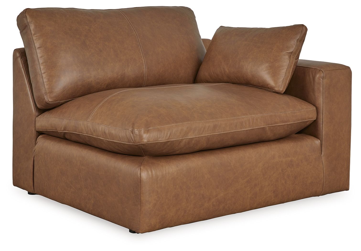 Caramel brown faux-leather corner chair with cushioned seat and armrests