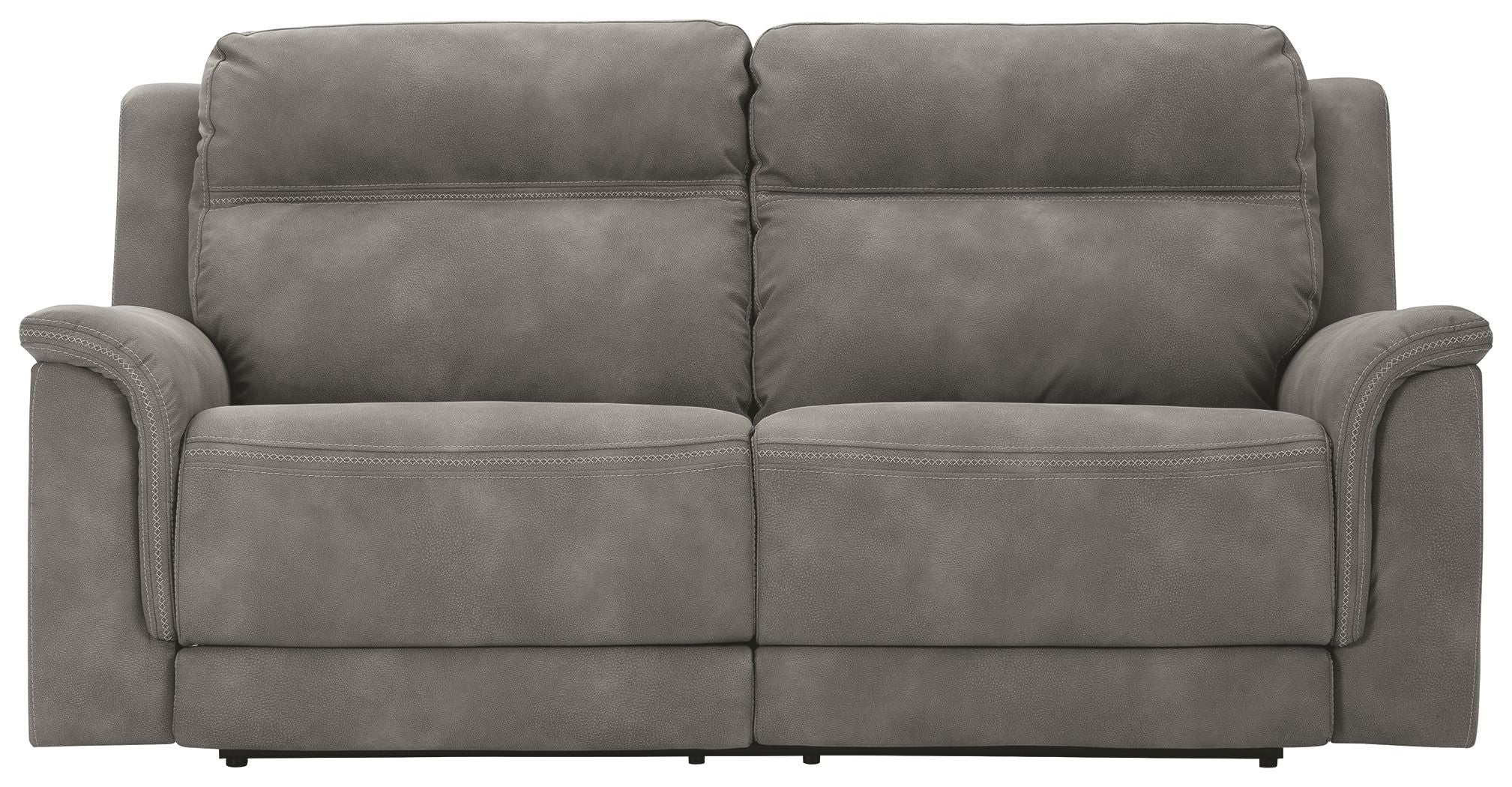 Power reclining sofa, dark slate gray upholstery, padded arms and back cushions