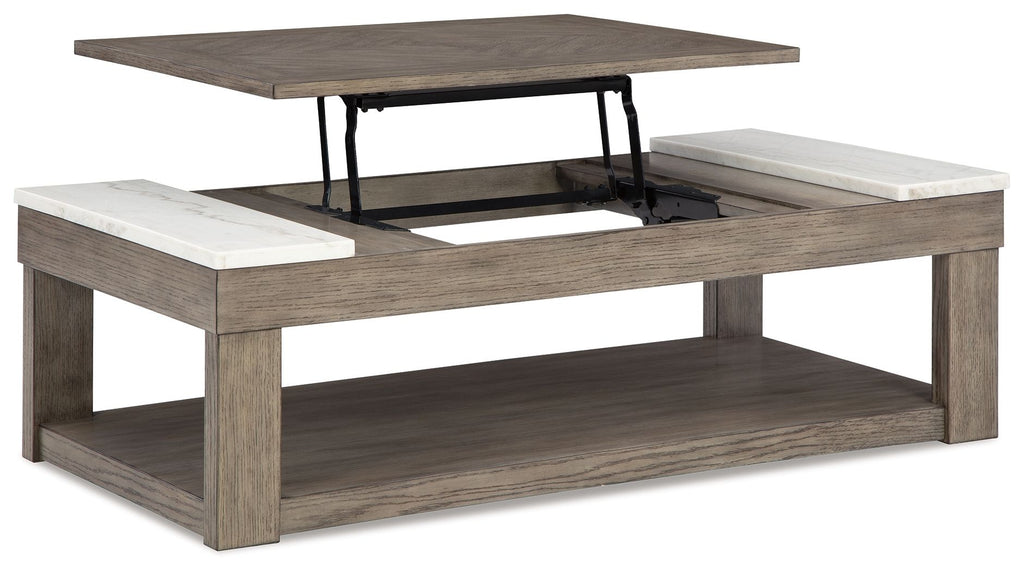 Lift-top cocktail table with raised top, grayish brown frame, and white side panels