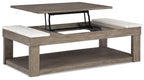 Lift-top cocktail table with raised top, grayish brown frame, and white side panels