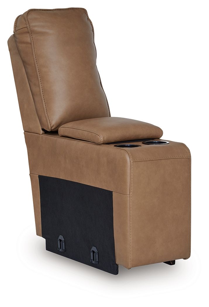 Caramel upholstered console storage chair with cup holders and two front storage doors